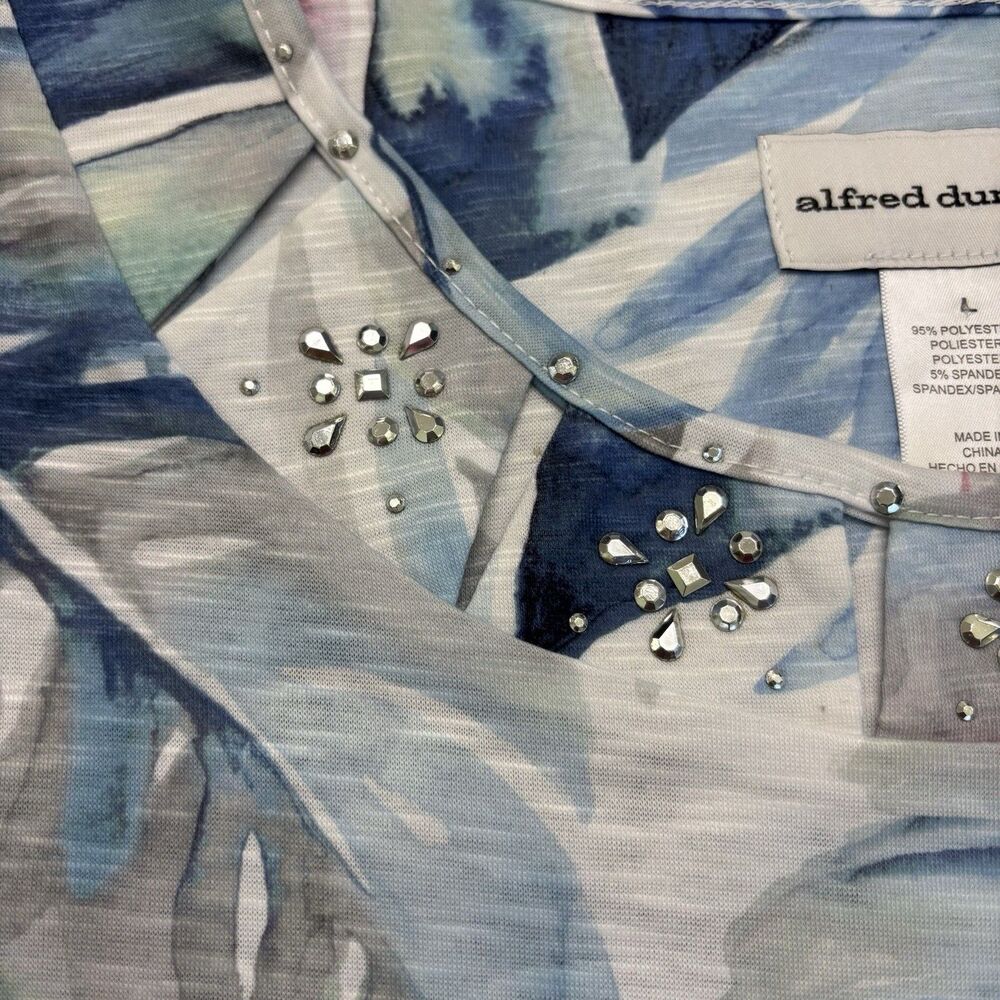 Alfred Dunner Top Womens Large Blue Gray Green Palm Leaves Bedazzled Rhinestones - Picture 6 of 14